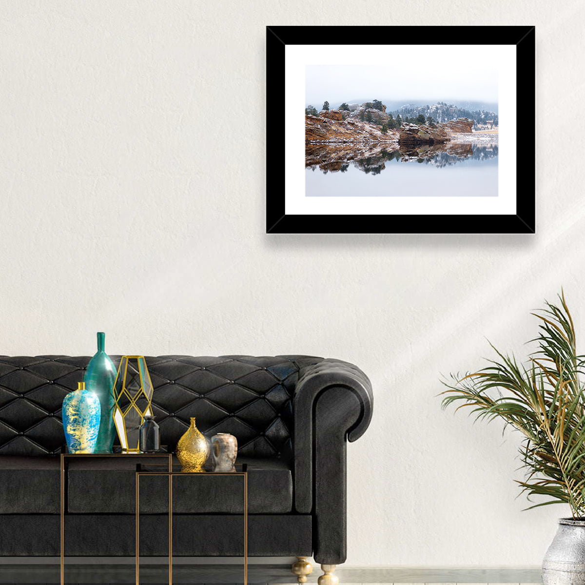 Marys Lake Foggy Reflection Wall Art in a room, landscape