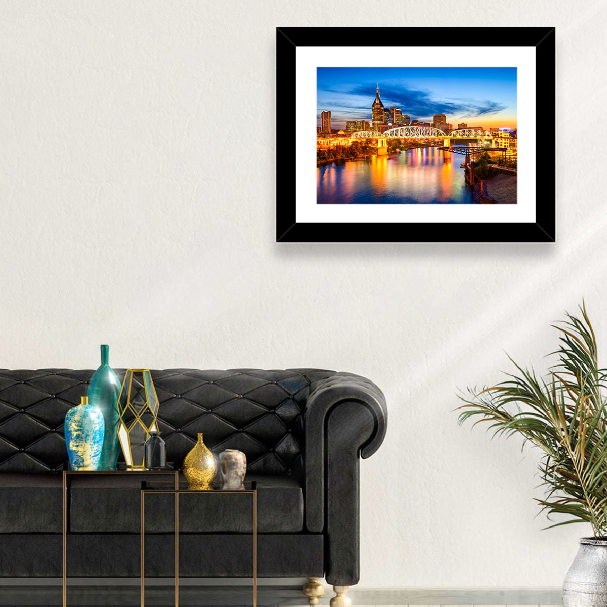 Nashville Skyline at Twilight Bridge Reflections Wall Art in a room, landscape