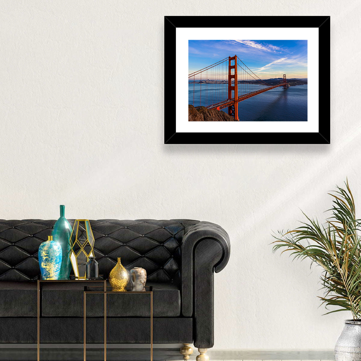 Golden Gate Bridge at Golden Hour Wall Art in a room, landscape
