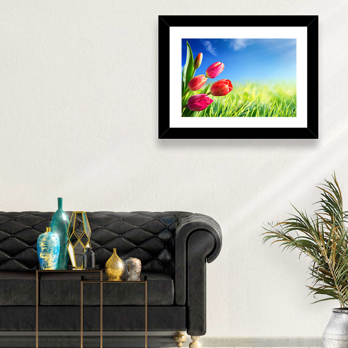 Dewy Red Tulips Under Blue Sky Wall Art in a room, landscape