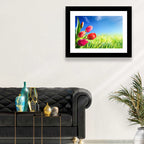 Dewy Red Tulips Under Blue Sky Wall Art