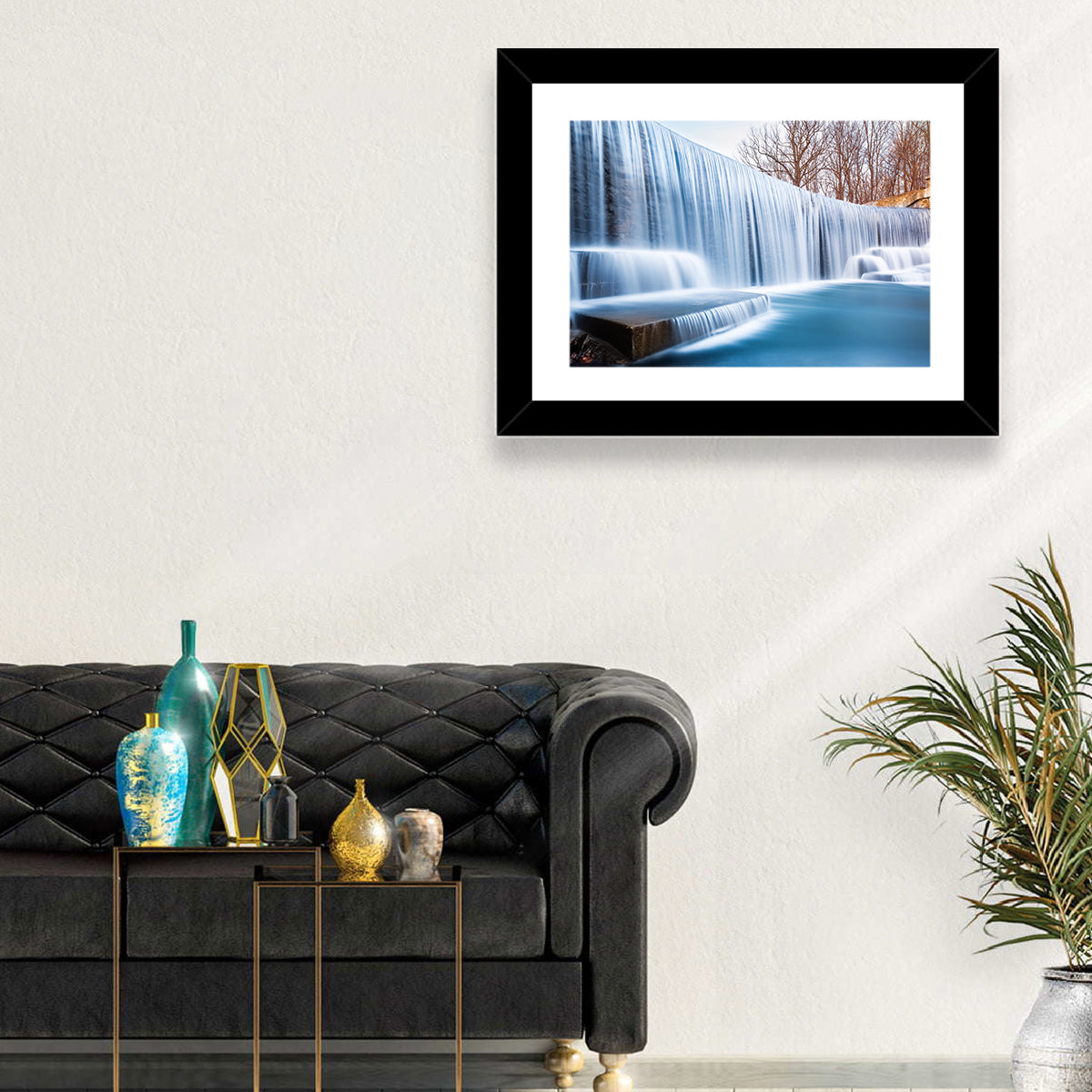 Seeley's Pond Winter Waterfall Wall Art in a room, landscape