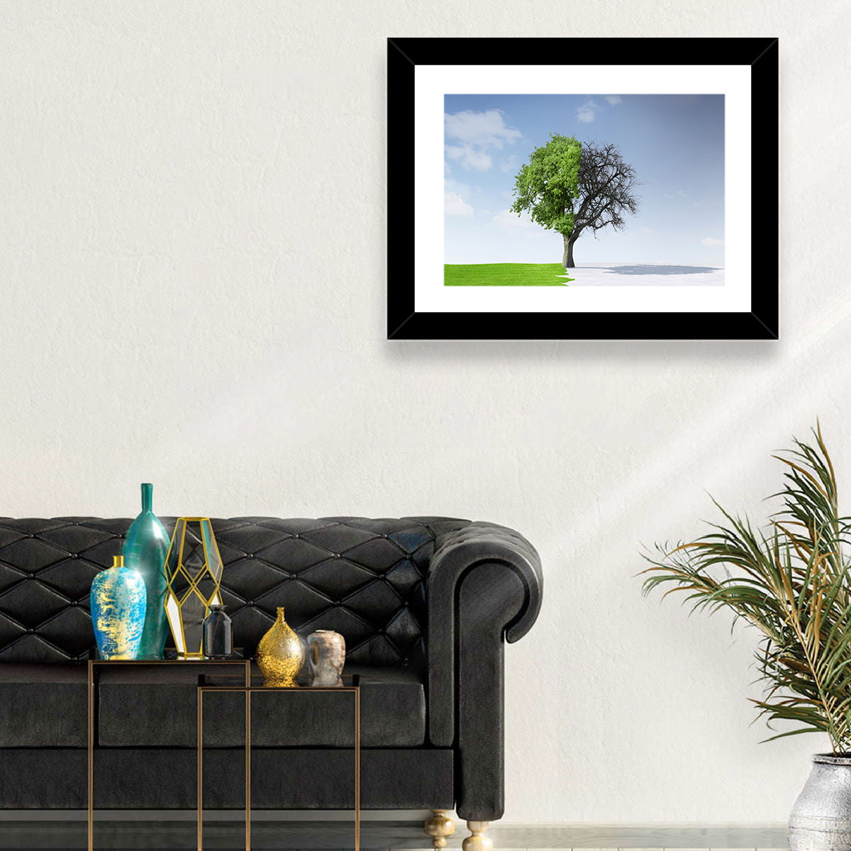 Split Seasons Tree Wall Art in a room, landscape