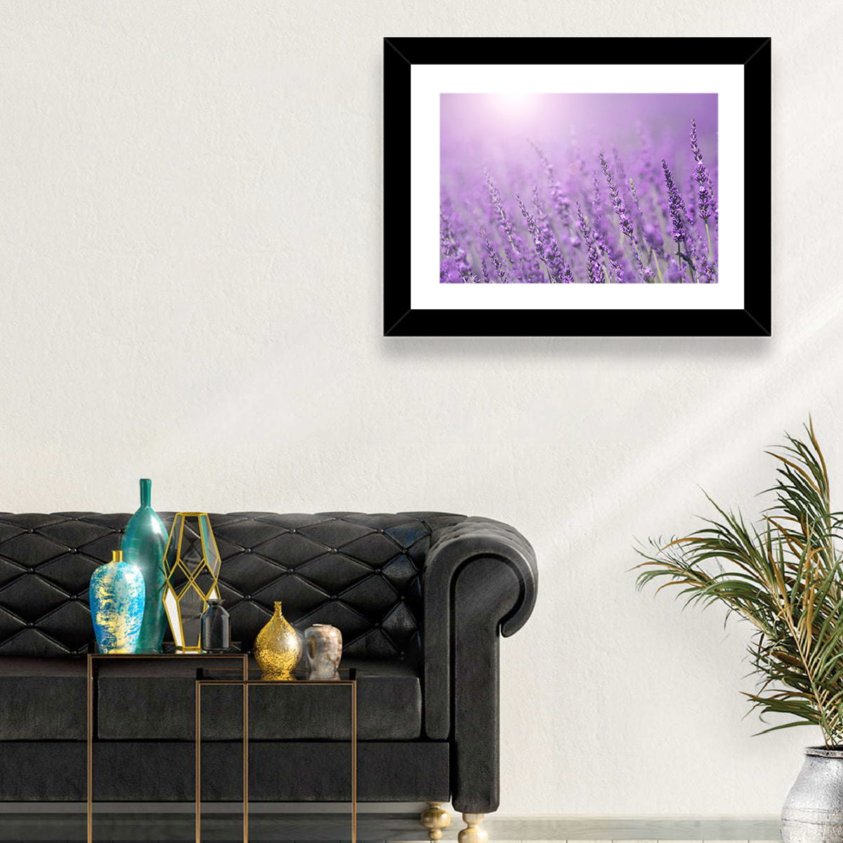 Sunlit Lavender Field Wall Art in a room, landscape
