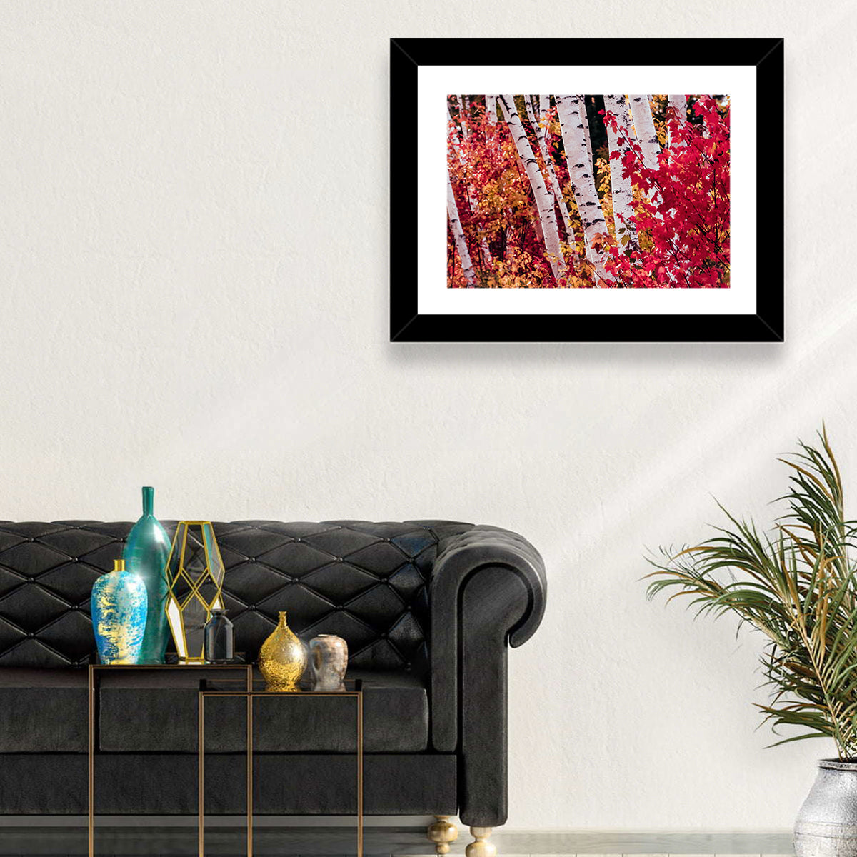 Autumn Birches with Crimson Maples Wall Art in a room, landscape
