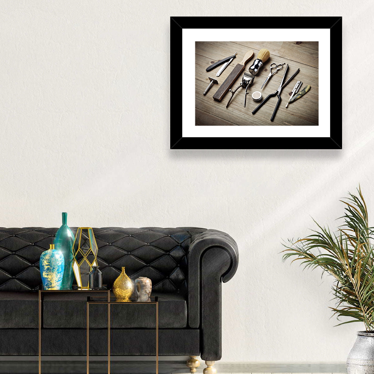Vintage Barber Tools on Wooden Workbench Wall Art in a room, landscape