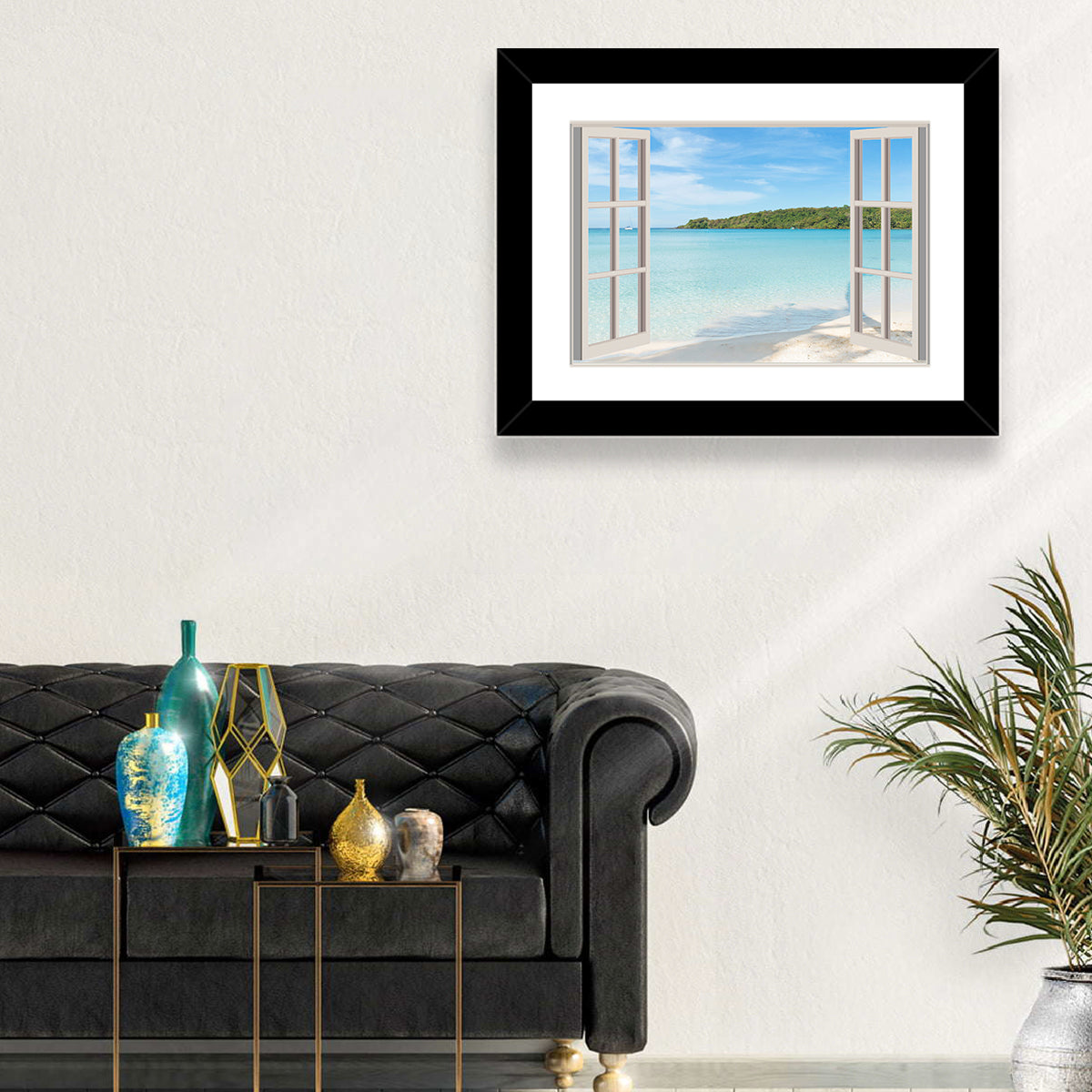 Turquoise Beach View Through Window Wall Art in a room, landscape