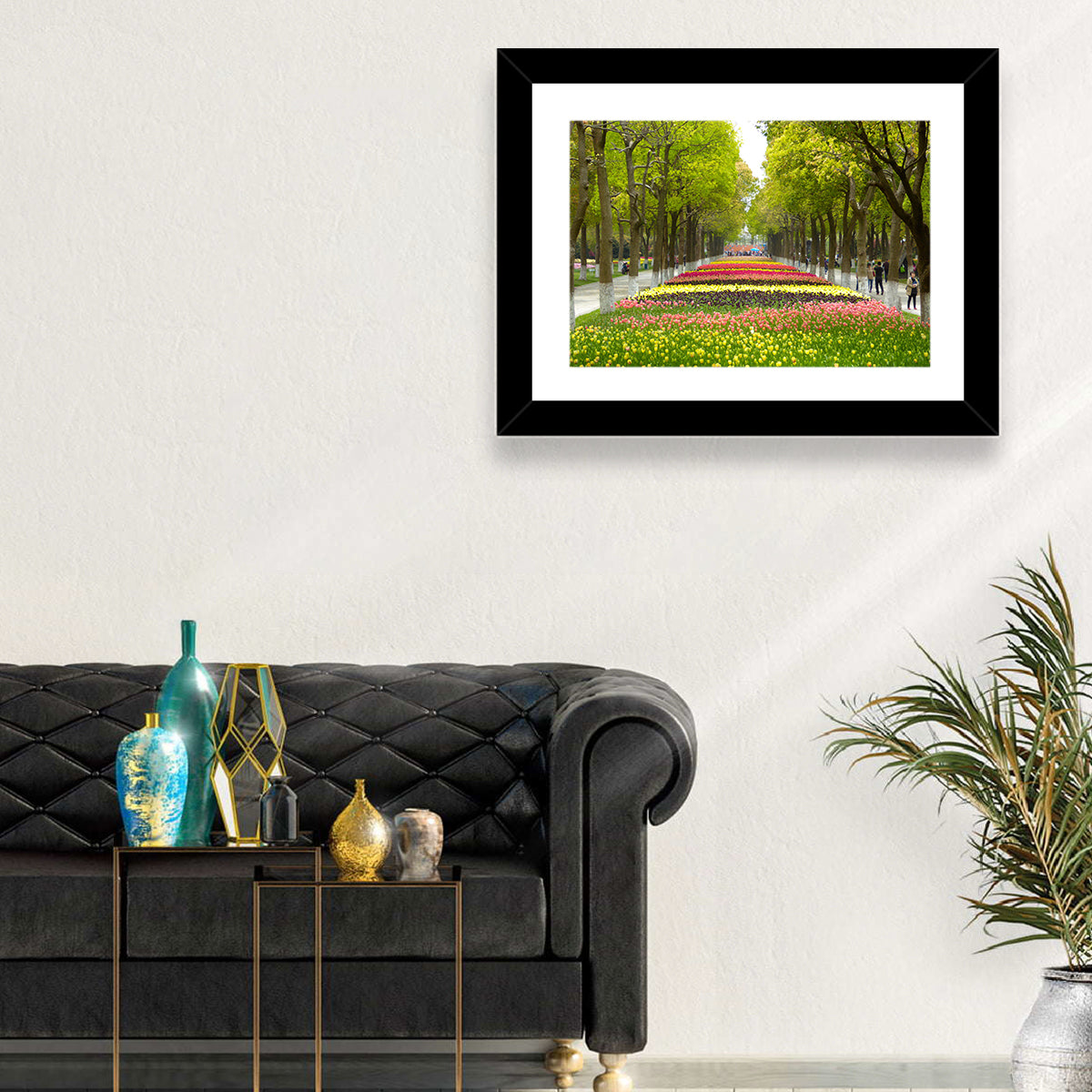 Tree-lined Tulip Garden Path Wall Art in a room, landscape