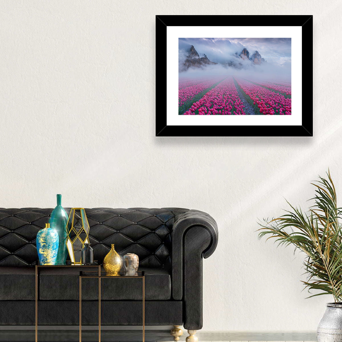 Misty Pink Tulip Field Wall Art in a room, landscape