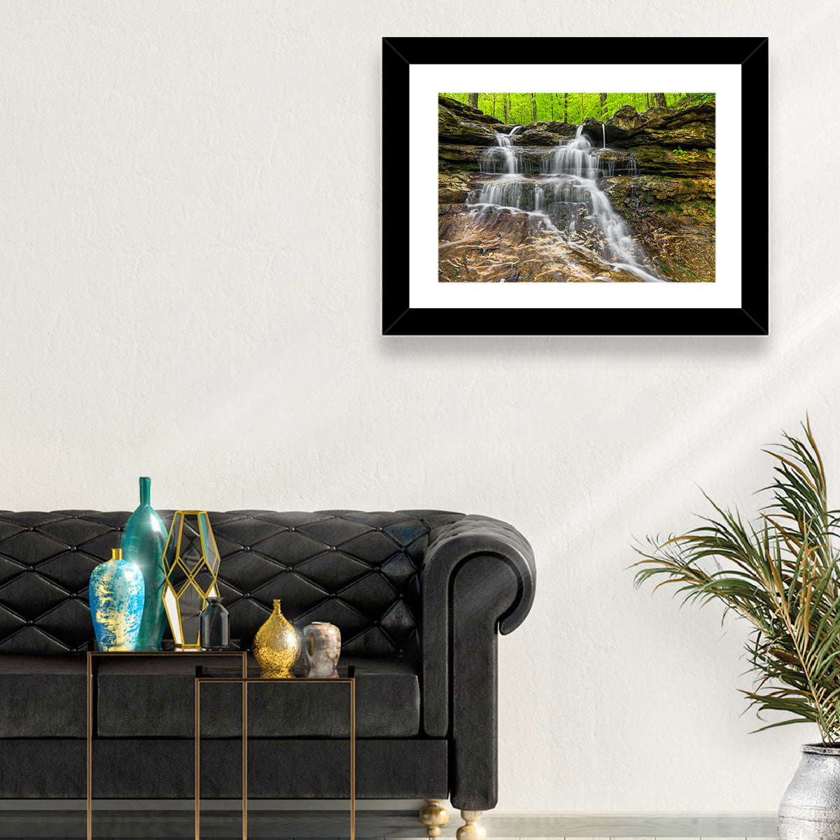 Mossy Ledge Waterfall Wall Art in a room, landscape