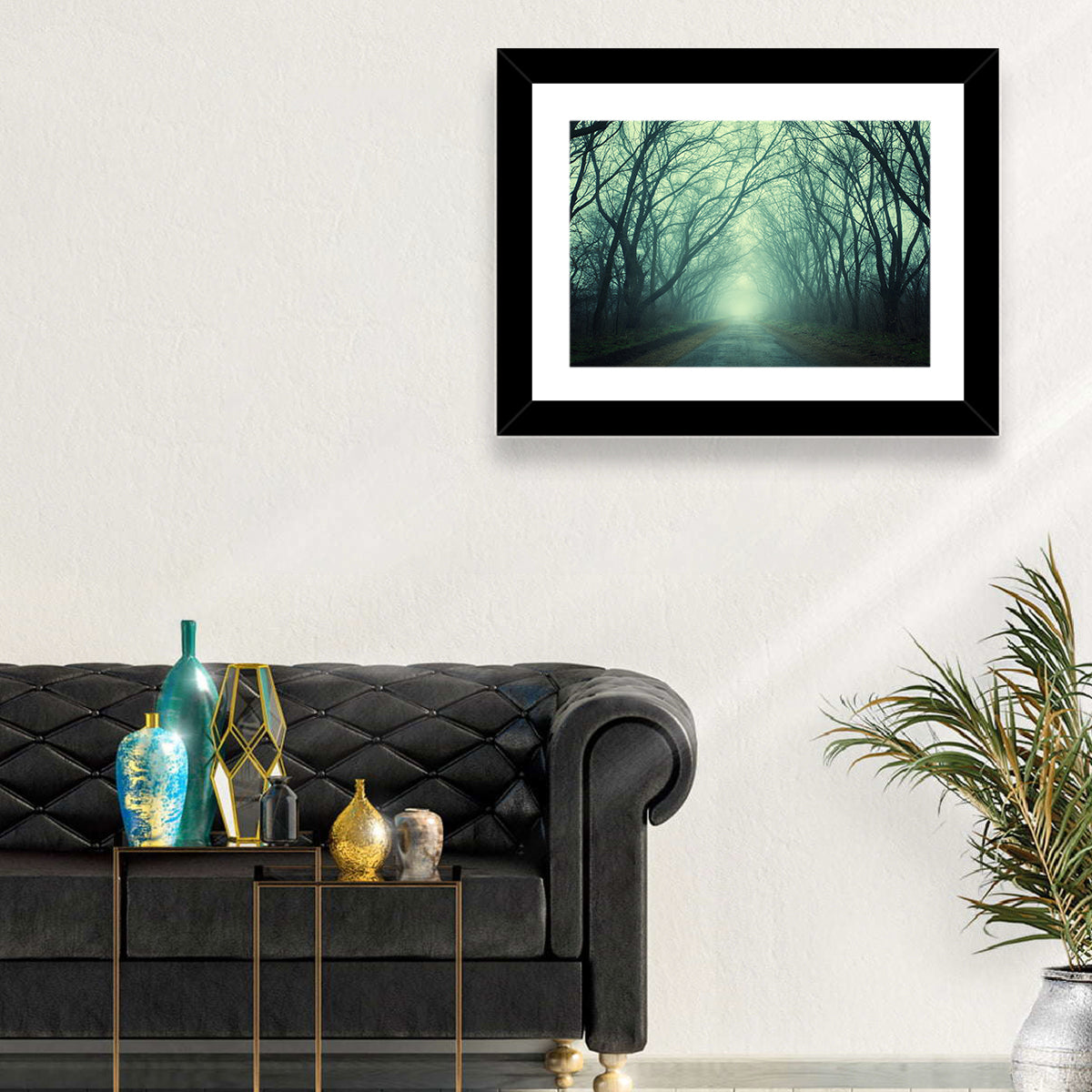 Foggy Forest Pathway Wall Art in a room, landscape