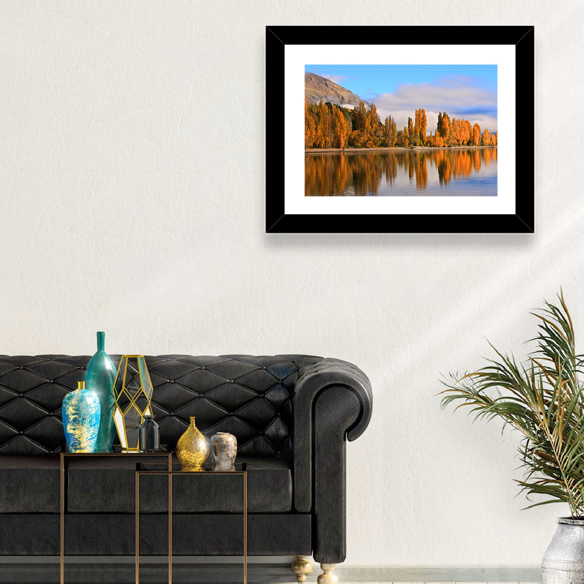Lake Wanaka Autumn Reflection Wall Art in a room, landscape