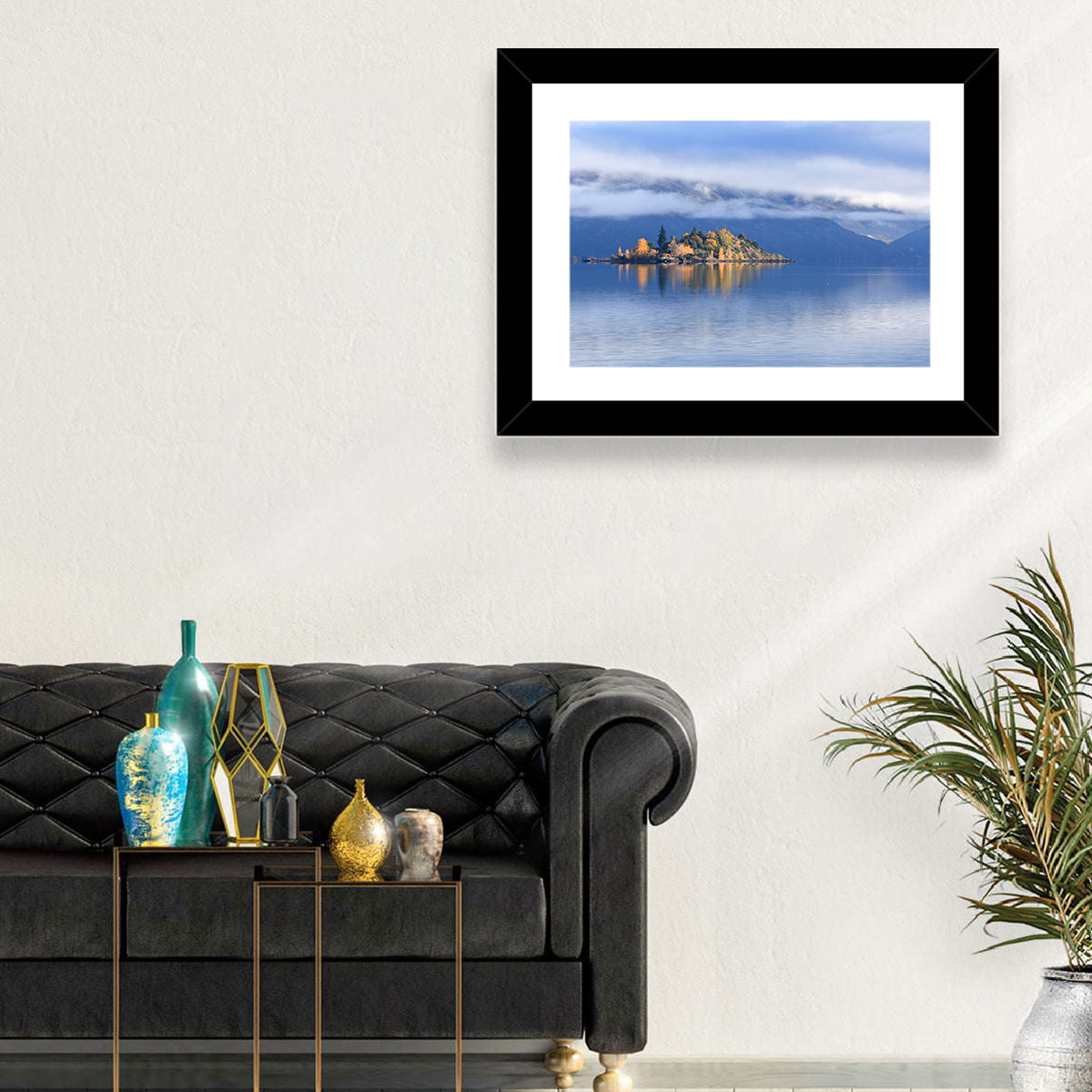 Misty Wanaka Island Reflection Wall Art in a room, landscape