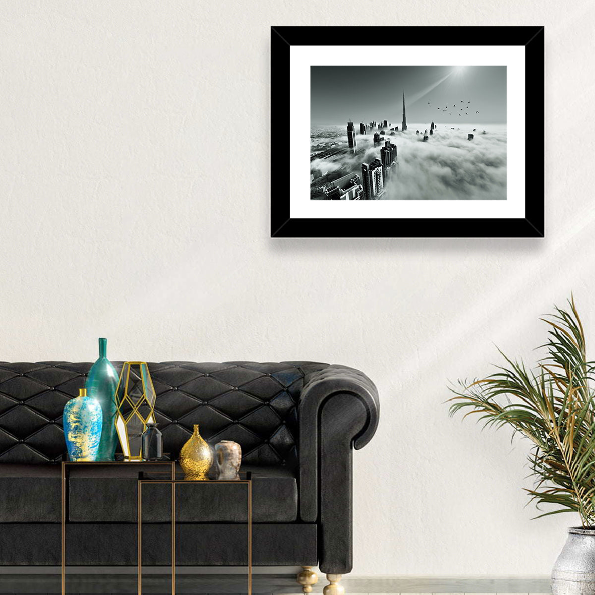 Burj Khalifa Rising Through Morning Fog Wall Art in a room, landscape