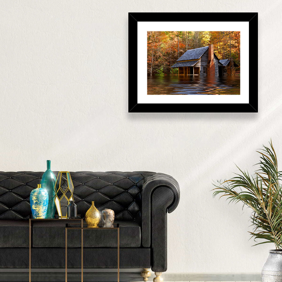 Autumn Flooded Log Cabin Wall Art in a room, landscape