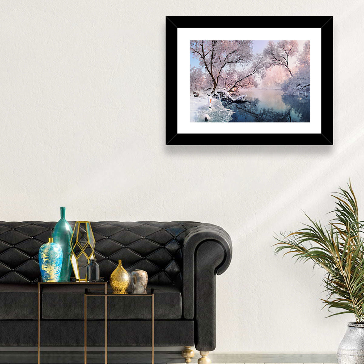 Snowy Lake Morning Mist Wall Art in a room, landscape