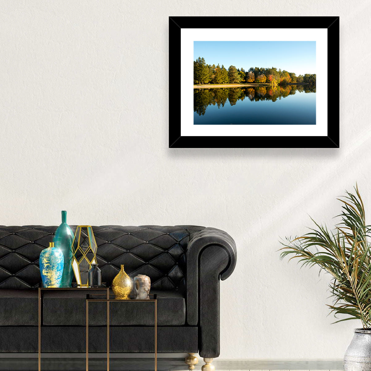 Lake Shaftsbury Autumn Reflection Wall Art in a room, landscape