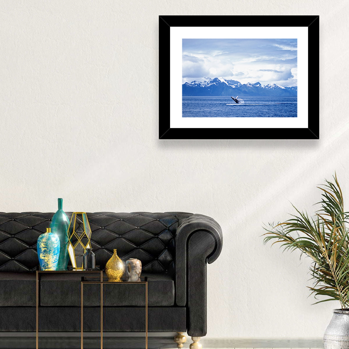 Humpback Whale with Snow Capped Mountains Wall Art in a room, landscape