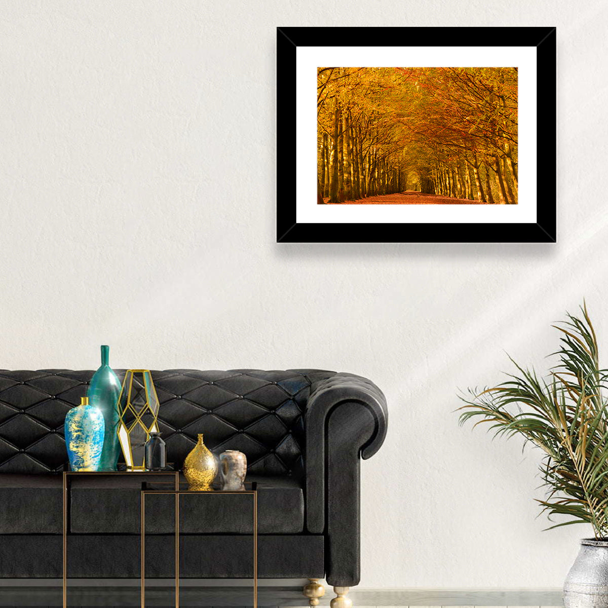 Golden Beech Tree Tunnel in Autumn Wall Art in a room, landscape