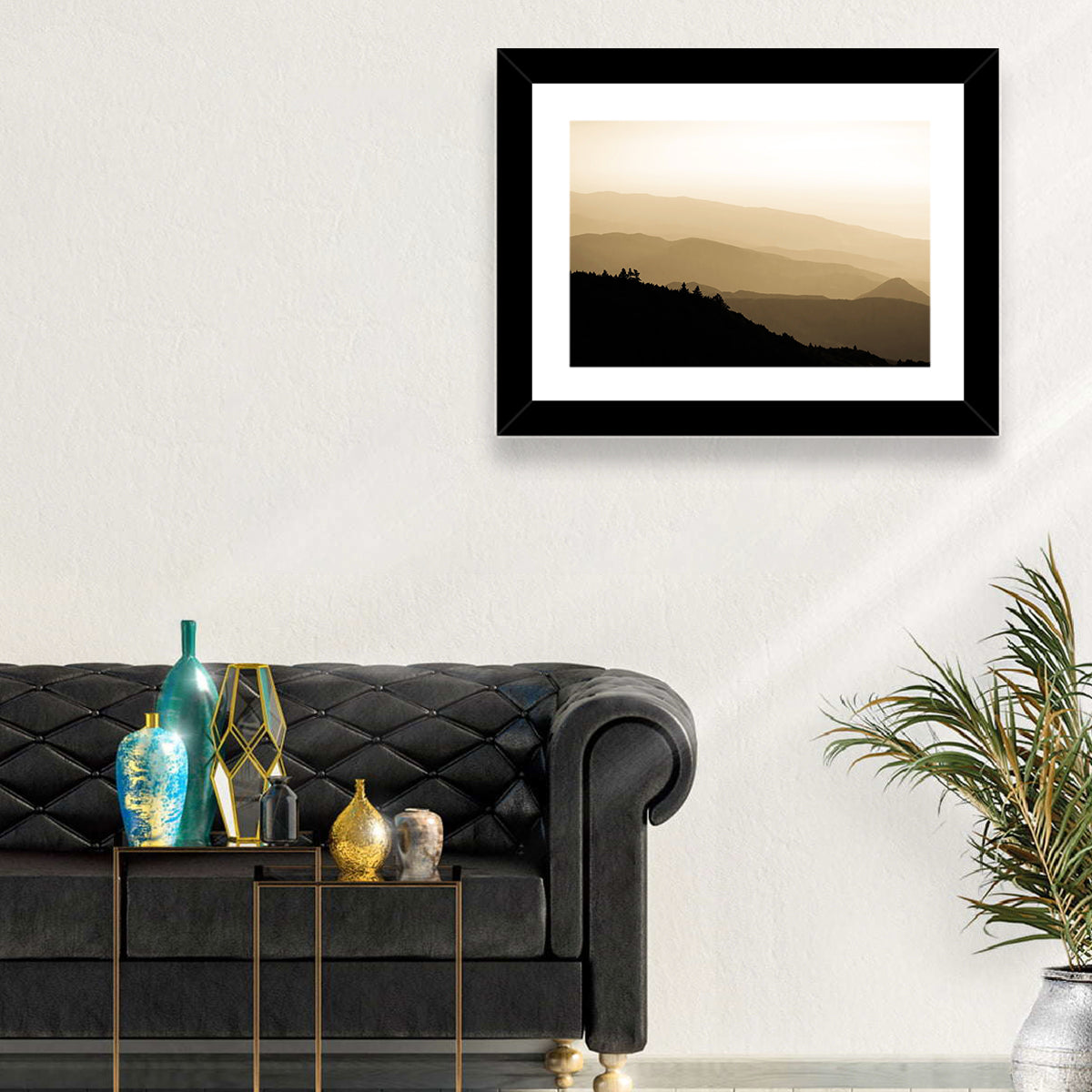 Foggy Mountain Sunset with Evergreen Silhouettes Wall Art in a room, landscape