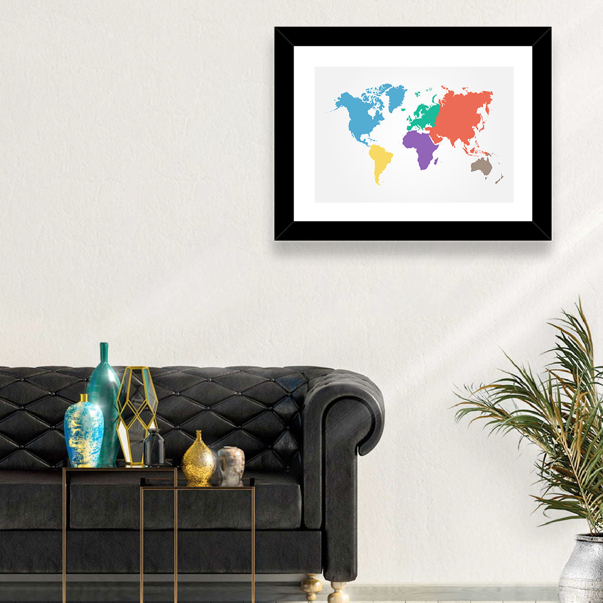 World Continents Map Wall Art in a room, landscape