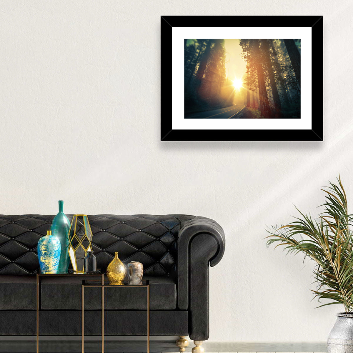 Misty Redwood Road with Golden Sunburst Wall Art