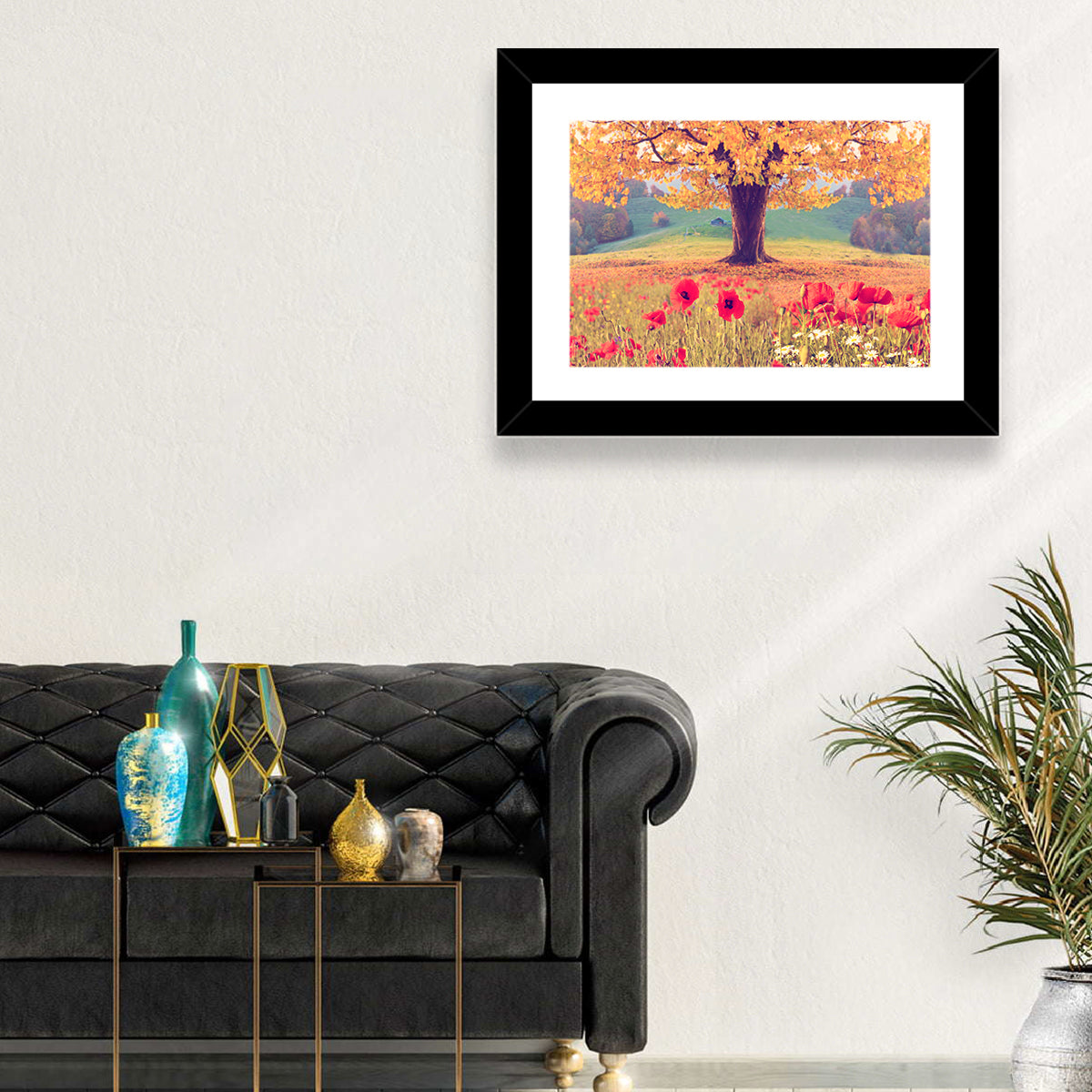 Autumn Tree and Poppy Field Wall Art in a room, landscape