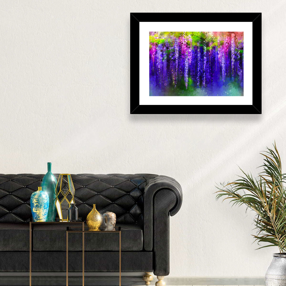 Dreamy Wisteria Vines Wall Art in a room, landscape