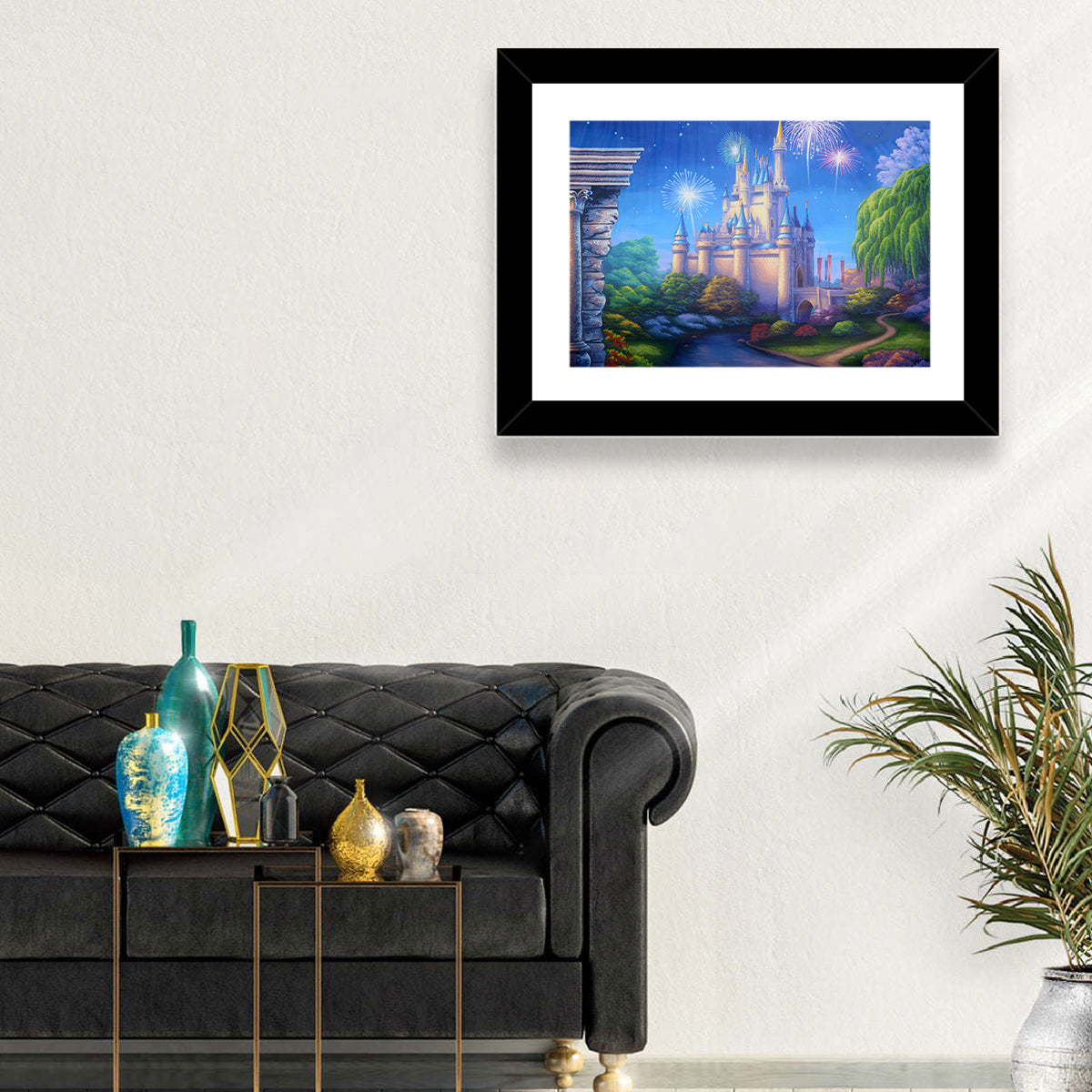 Cinderella Castle Fireworks Illustration Wall Art in a room, landscape