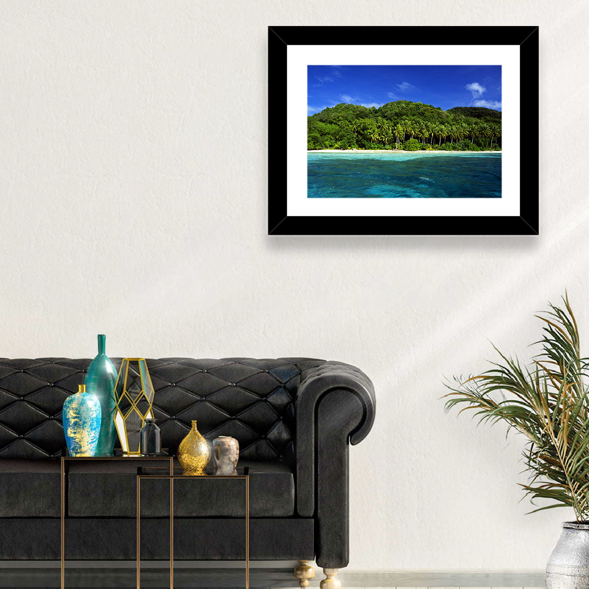 Turquoise Tropical Island Scene Wall Art in a room, landscape