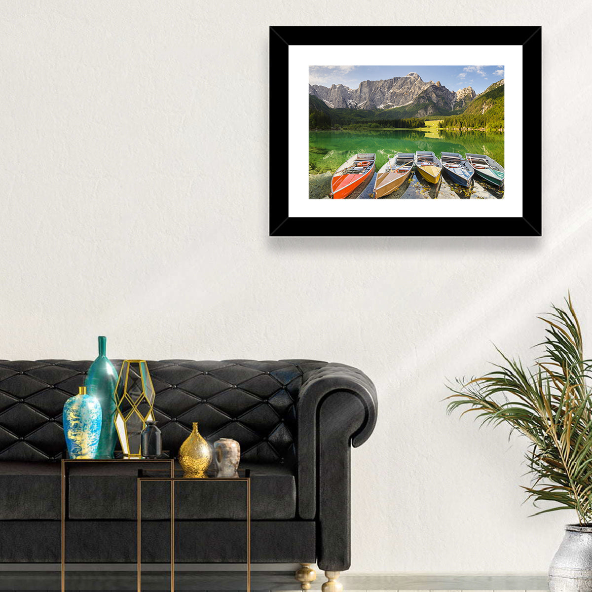 Five Boats at Lago Superiore Di Fusine Wall Art in a room, landscape