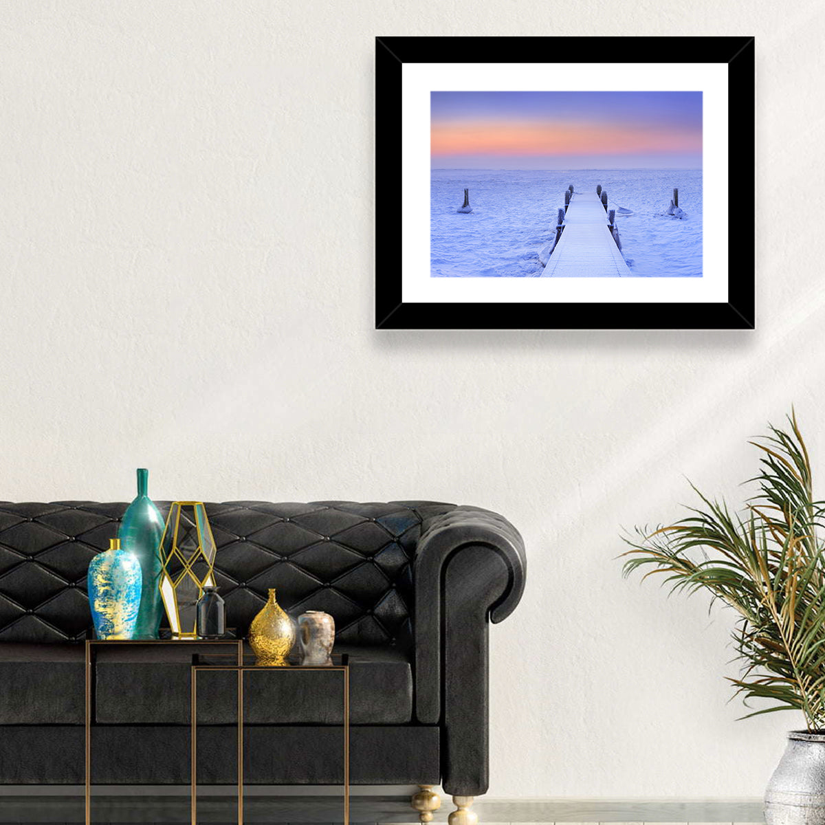 Frosted Jetty at Sunrise Wall Art in a room, landscape