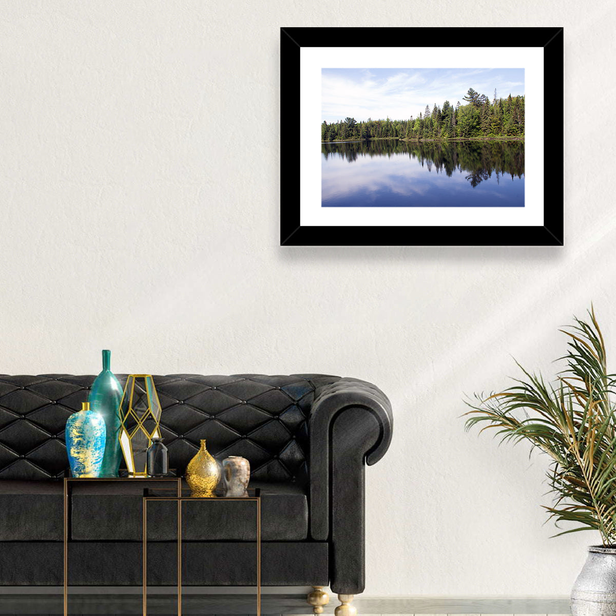 Peck Lake Shoreline Reflection Wall Art in a room, landscape