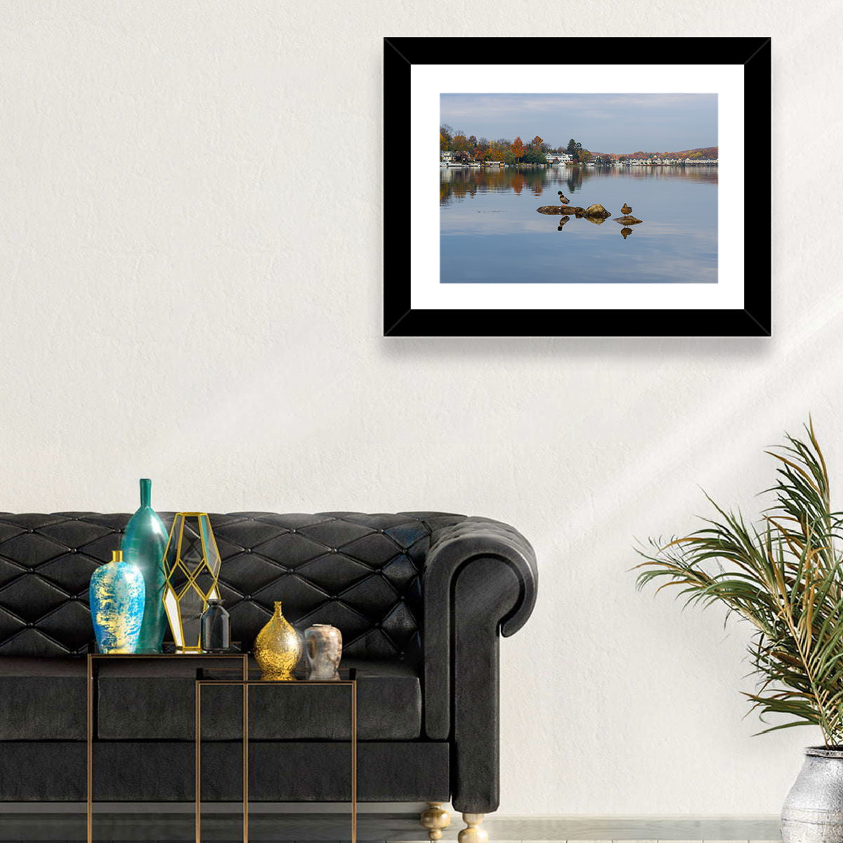 Lake Hopatcong Autumn Reflection Wall Art in a room, landscape