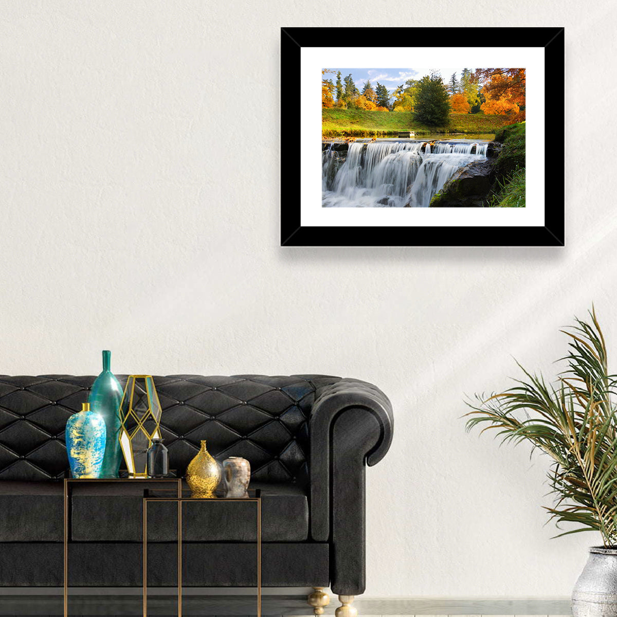 Autumn Forest Waterfall Wall Art in a room, landscape