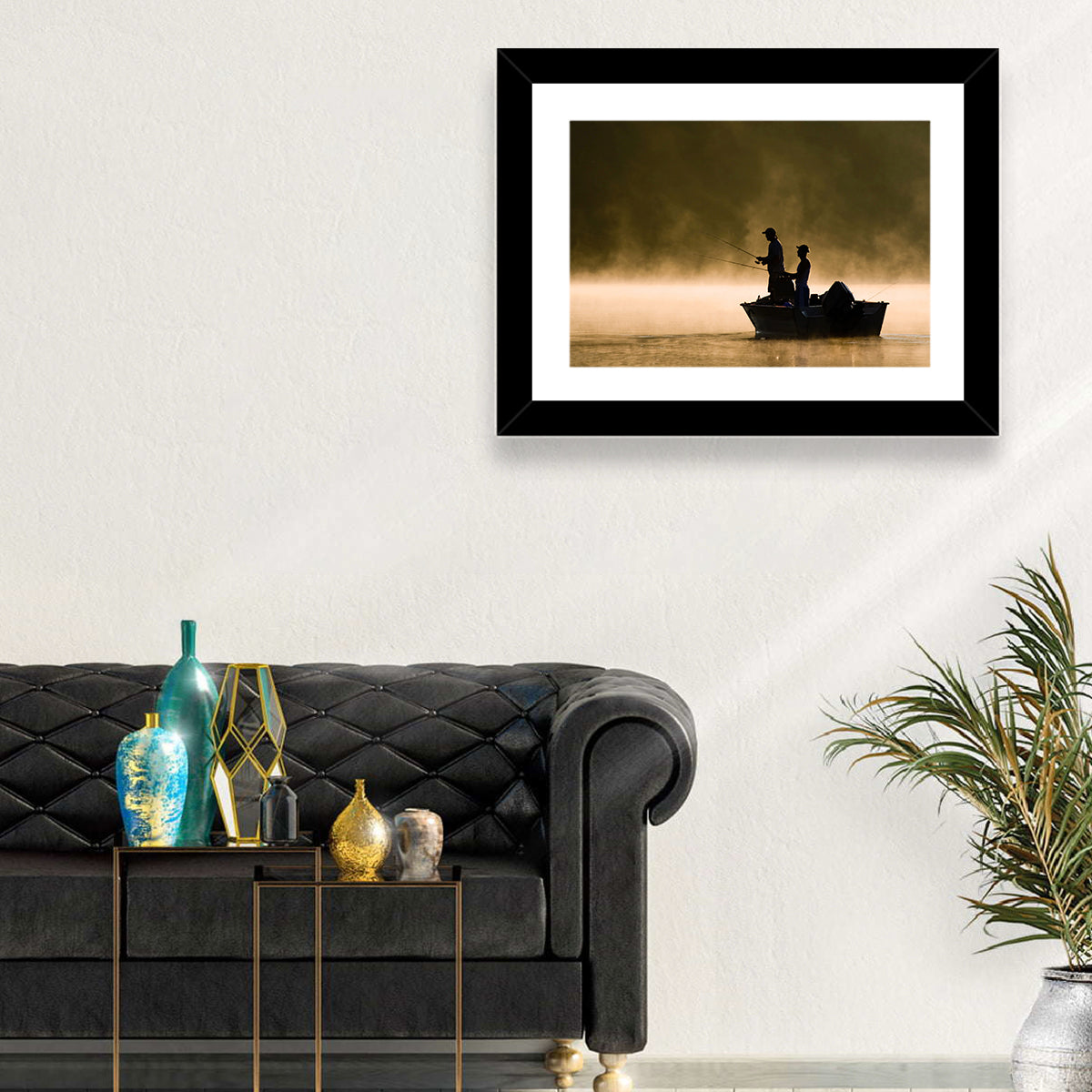 Misty Lake Fishing Wall Art in a room, landscape