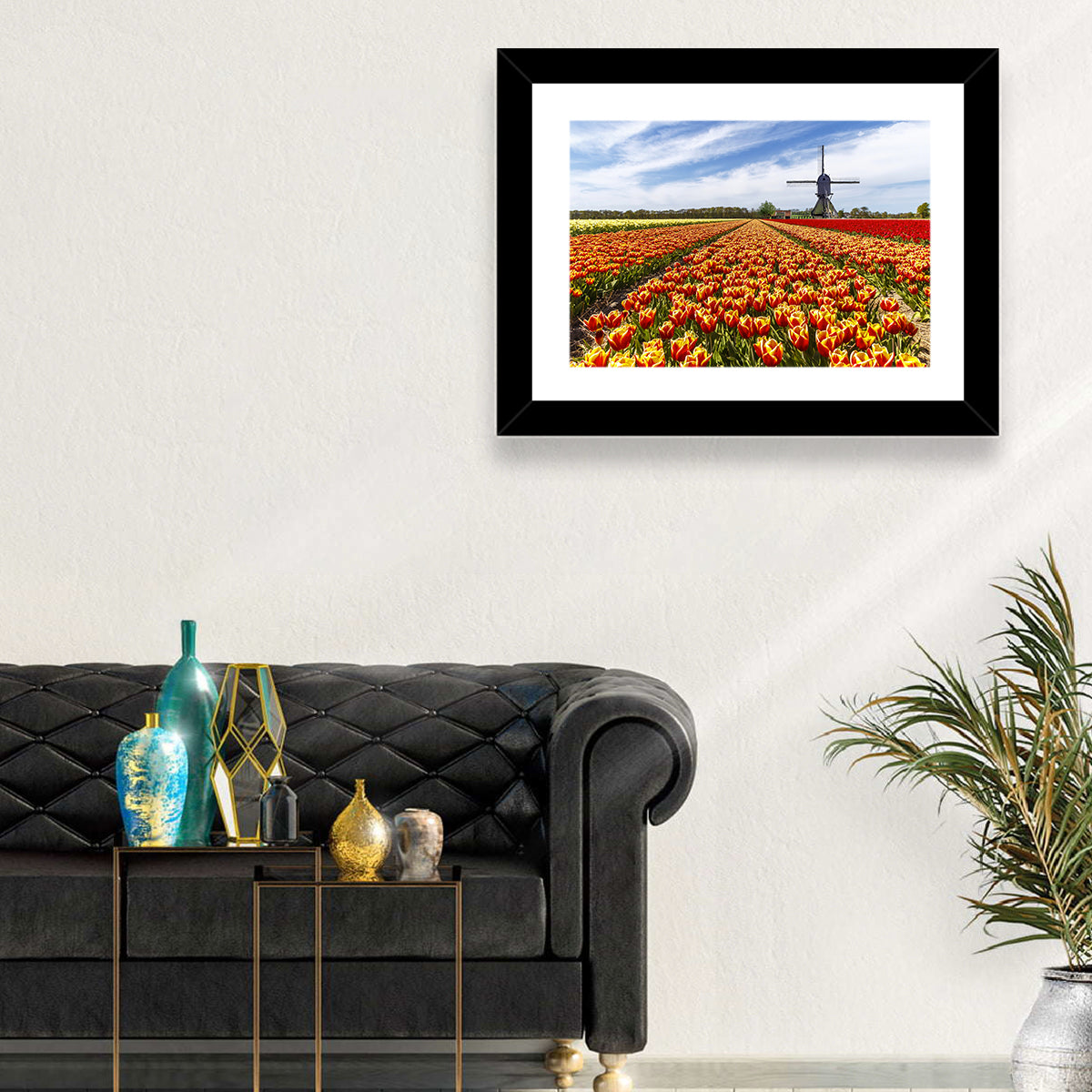 Windmill Over Tulip Fields Wall Art in a room, landscape