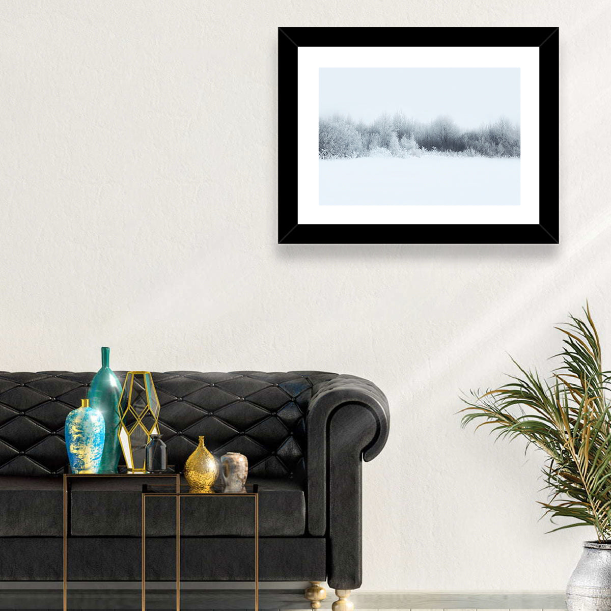Frosted Winter Forest Wall Art in a room, landscape