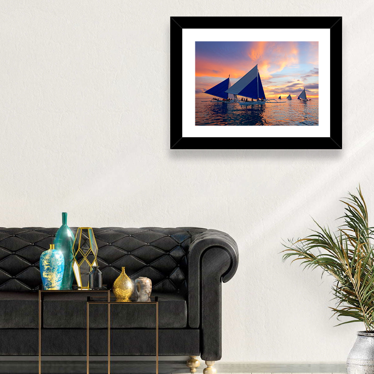 Outrigger Sailboats at Sunset Wall Art in a room, landscape