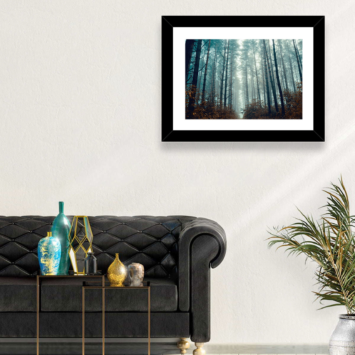 Misty Pine Forest Wall Art in a room, landscape