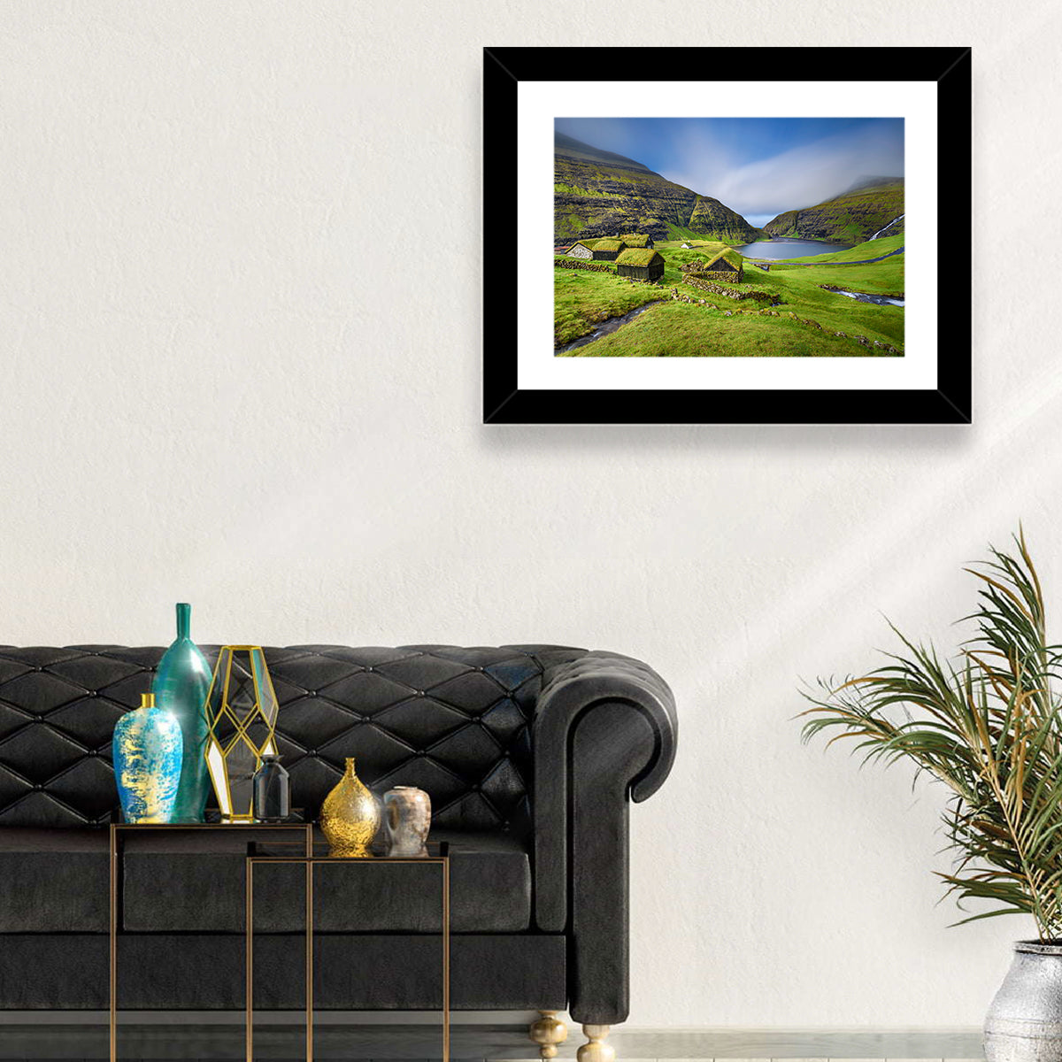 Saksun Turf Roof Cabins Wall Art in a room, landscape