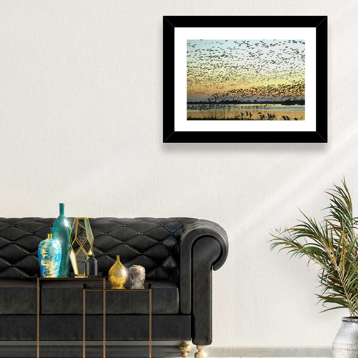 Snow Geese Over River Wall Art in a room, landscape