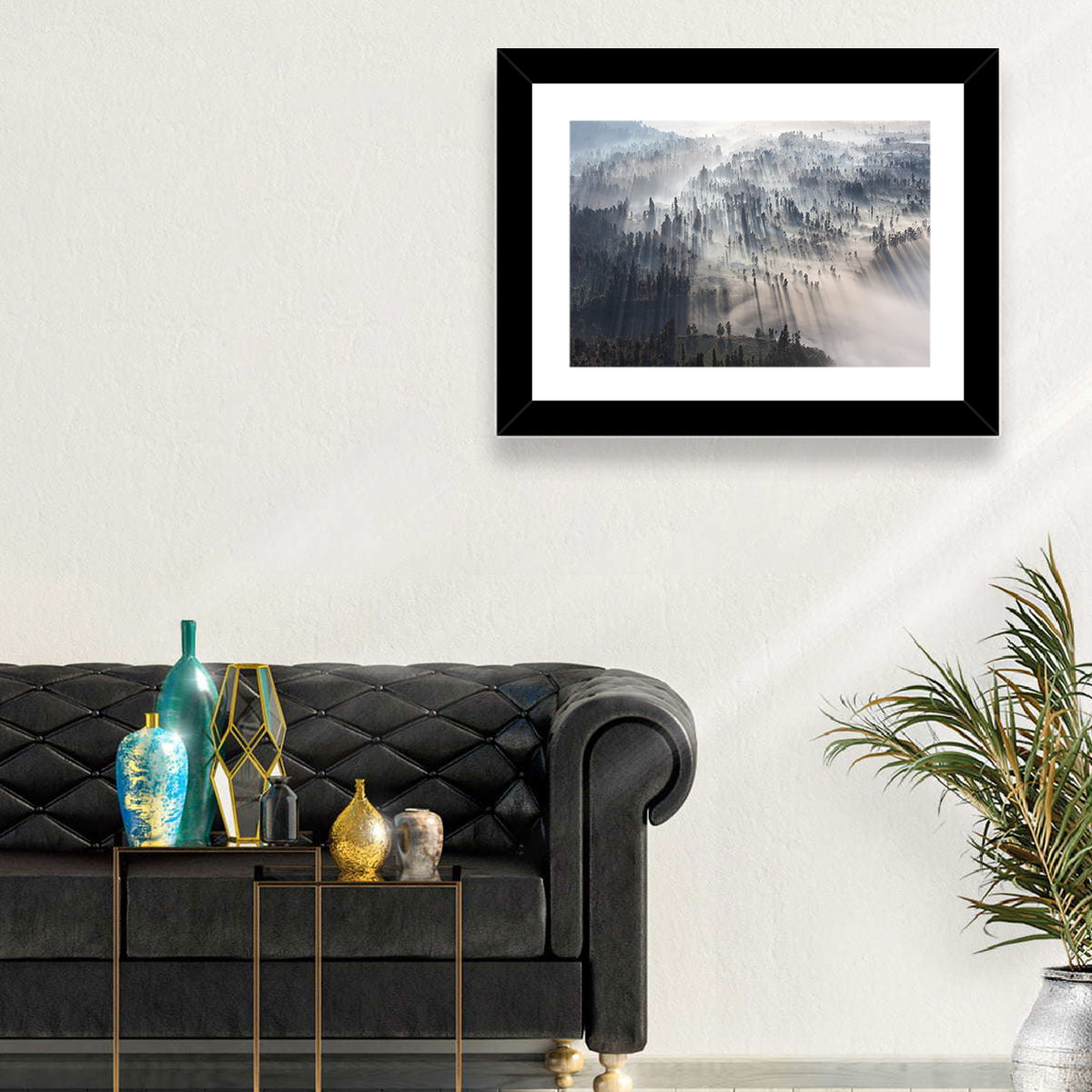 Misty Forest Sunrise Wall Art in a room, landscape