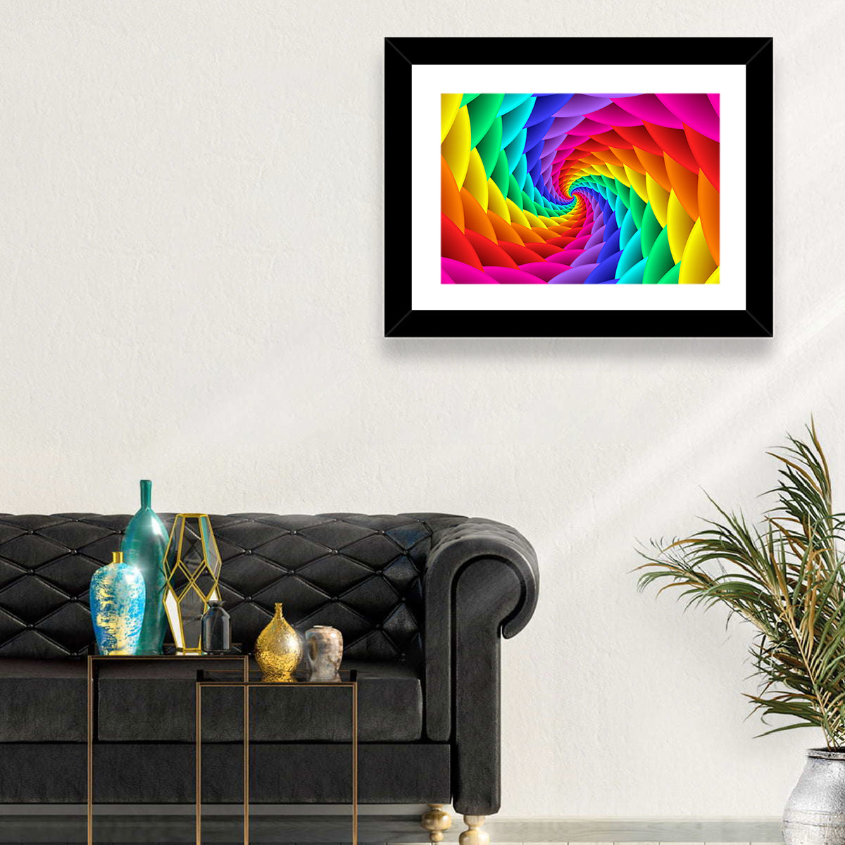 Rainbow Spiral Vortex Tunnel Wall Art in a room, landscape