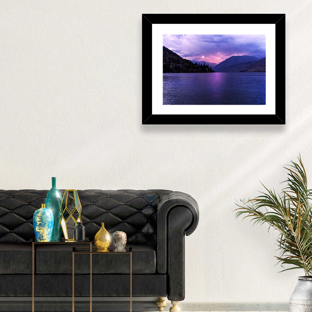 Lake Chelan Violet Sunset Wall Art in a room, landscape