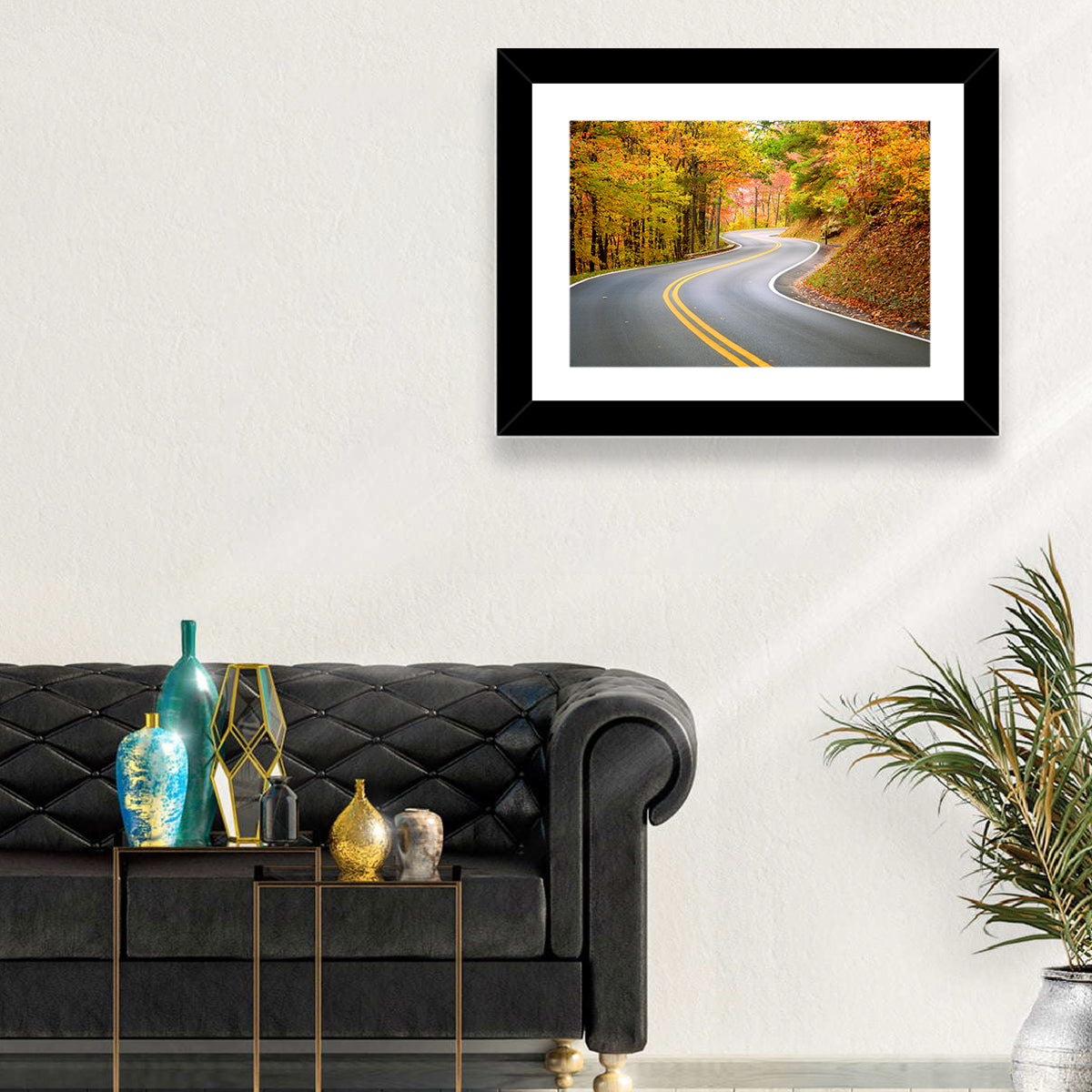 Winding Autumn Road Wall Art in a room, landscape