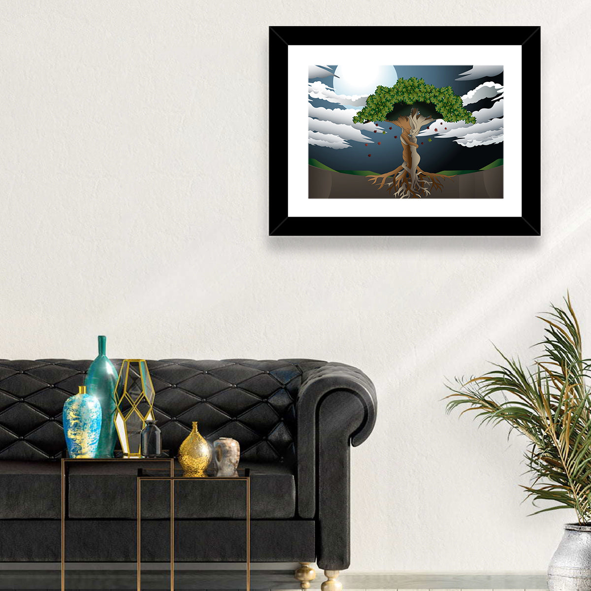Moonlit Lovers Tree Wall Art in a room, landscape