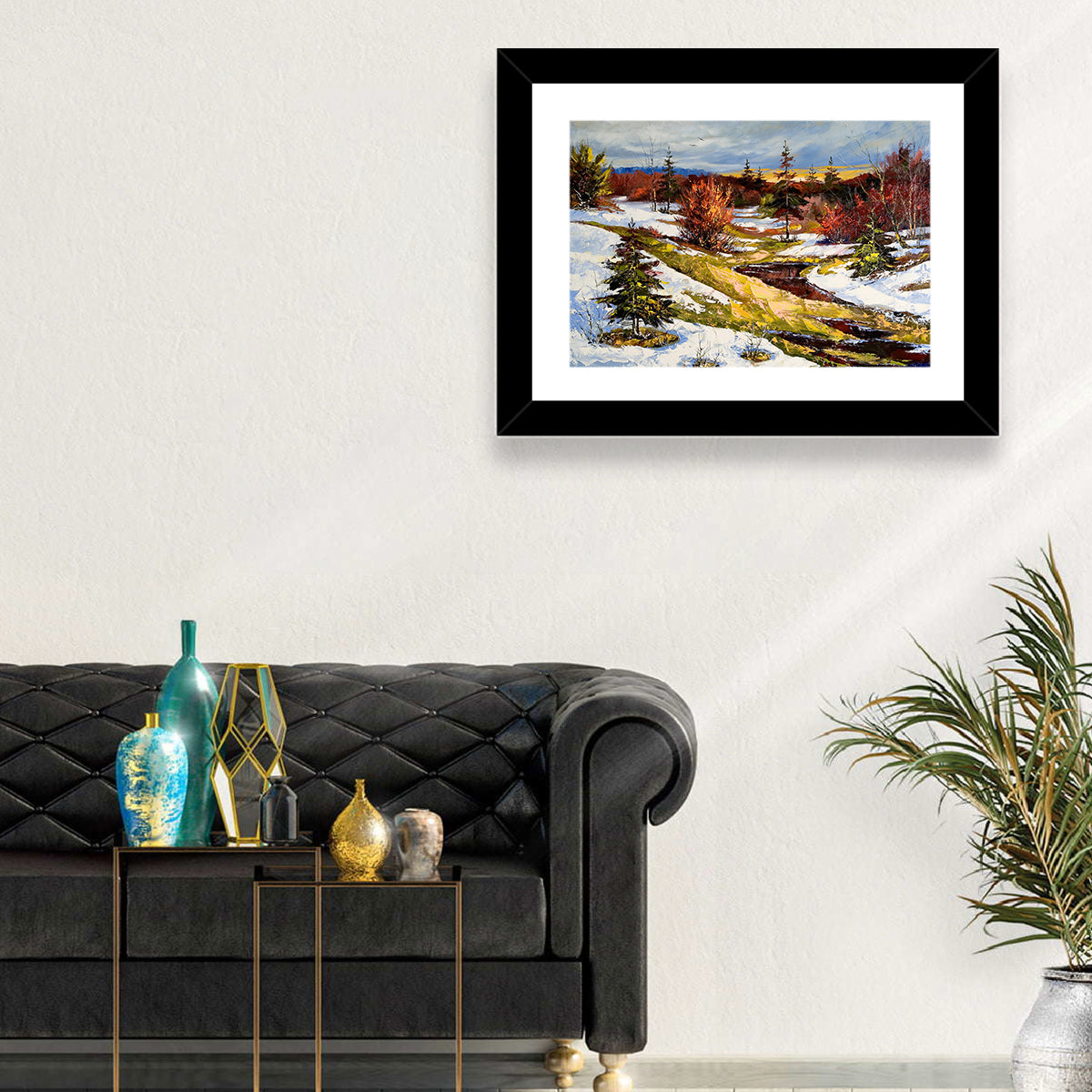 Snowy Stream Through Evergreens Wall Art in a room, landscape