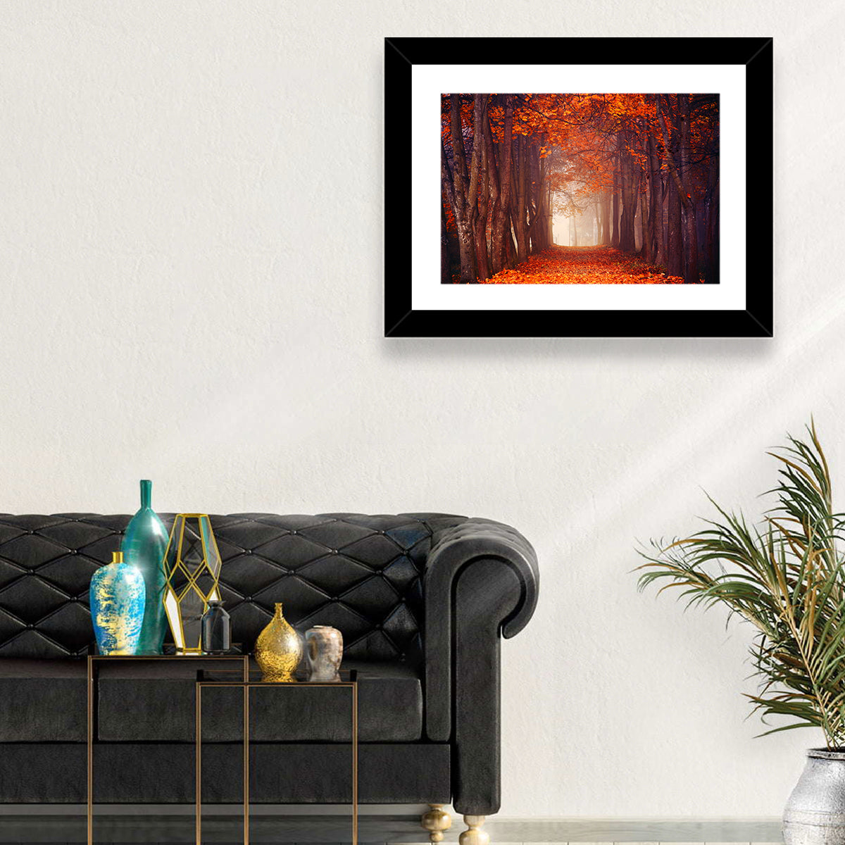 Misty Autumn Forest Path Wall Art in a room, landscape