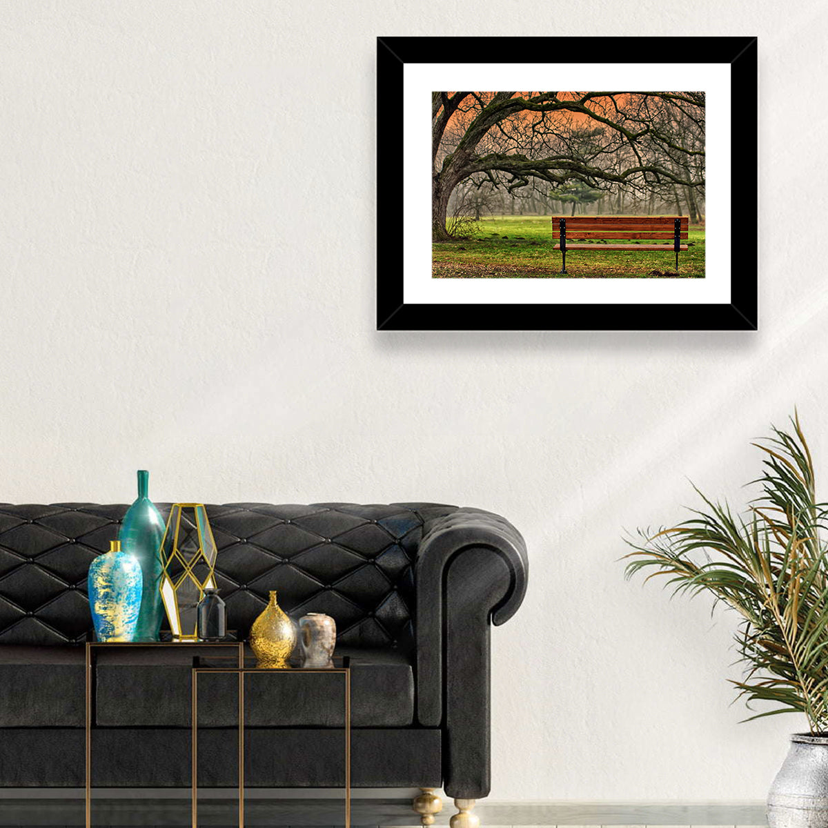 Misty Autumn Park Bench Wall Art in a room, landscape